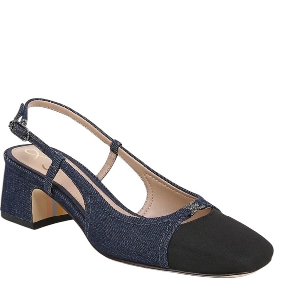 Sam Edelman Tarra Slingback Pumps Black/Navy Denim Block Heel Size 10 New in Box - Picture 1 of 12